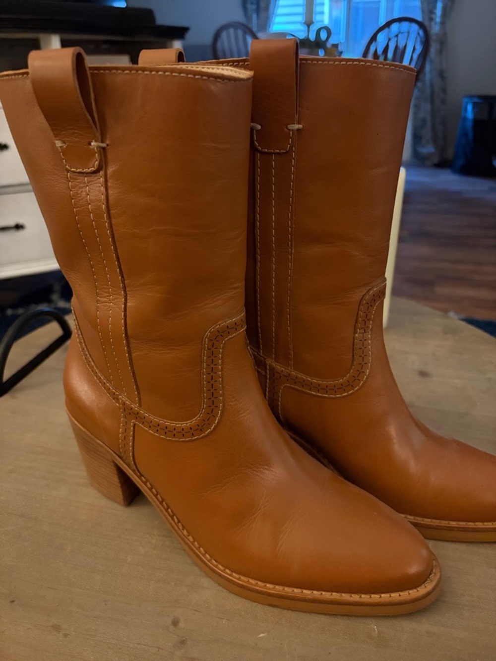 Dolce Vita Tan Leather Mid-Calf Western Heeled Boots